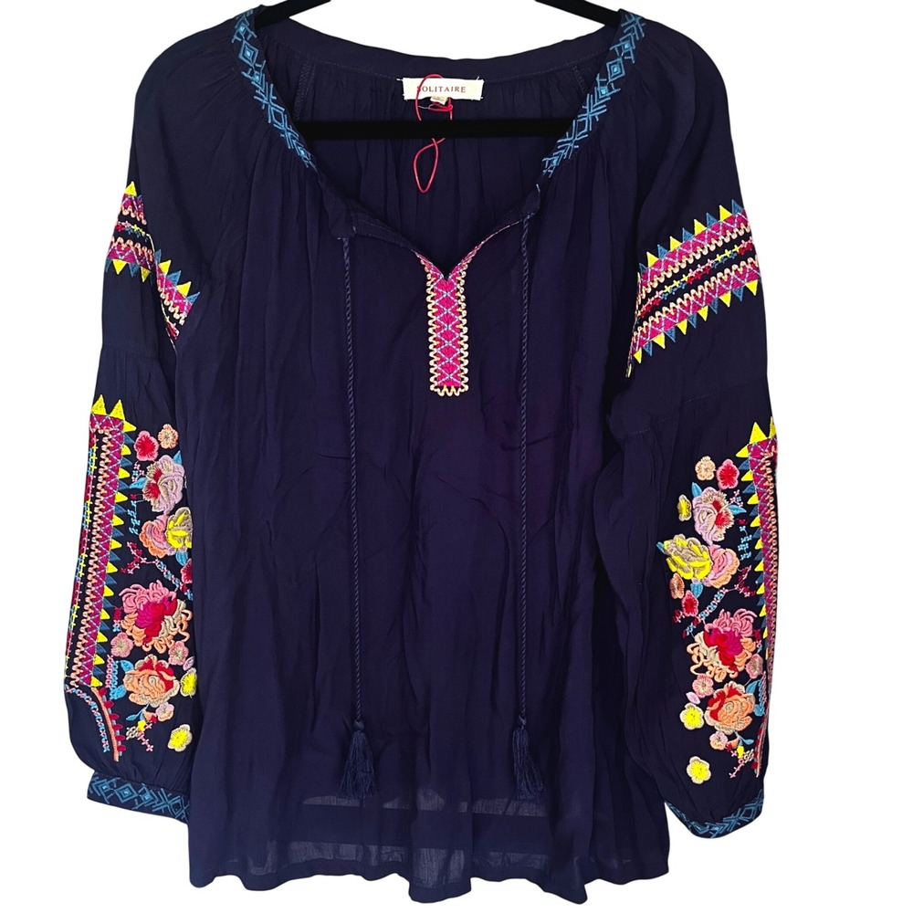 Solitaire Navy Blue Embroidered Boho Peasant Blouse Tassel Tie Large 17-2845